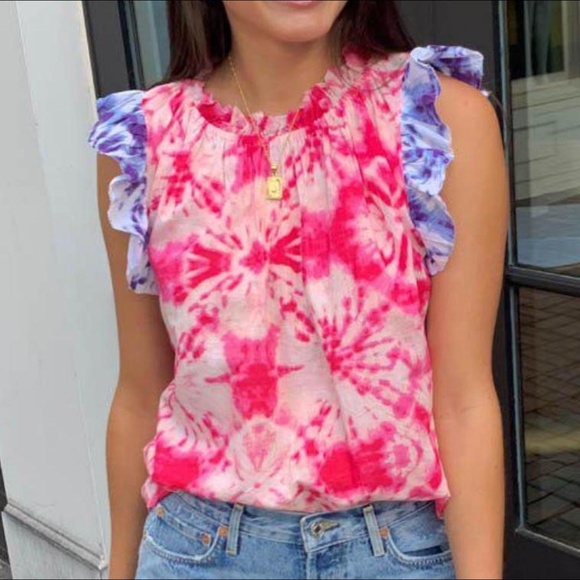 Tie-Dye Ruffle Sleeve Tank Top - Pink and Blue Size XXS (Runs Oversized) - Picture 1 of 4